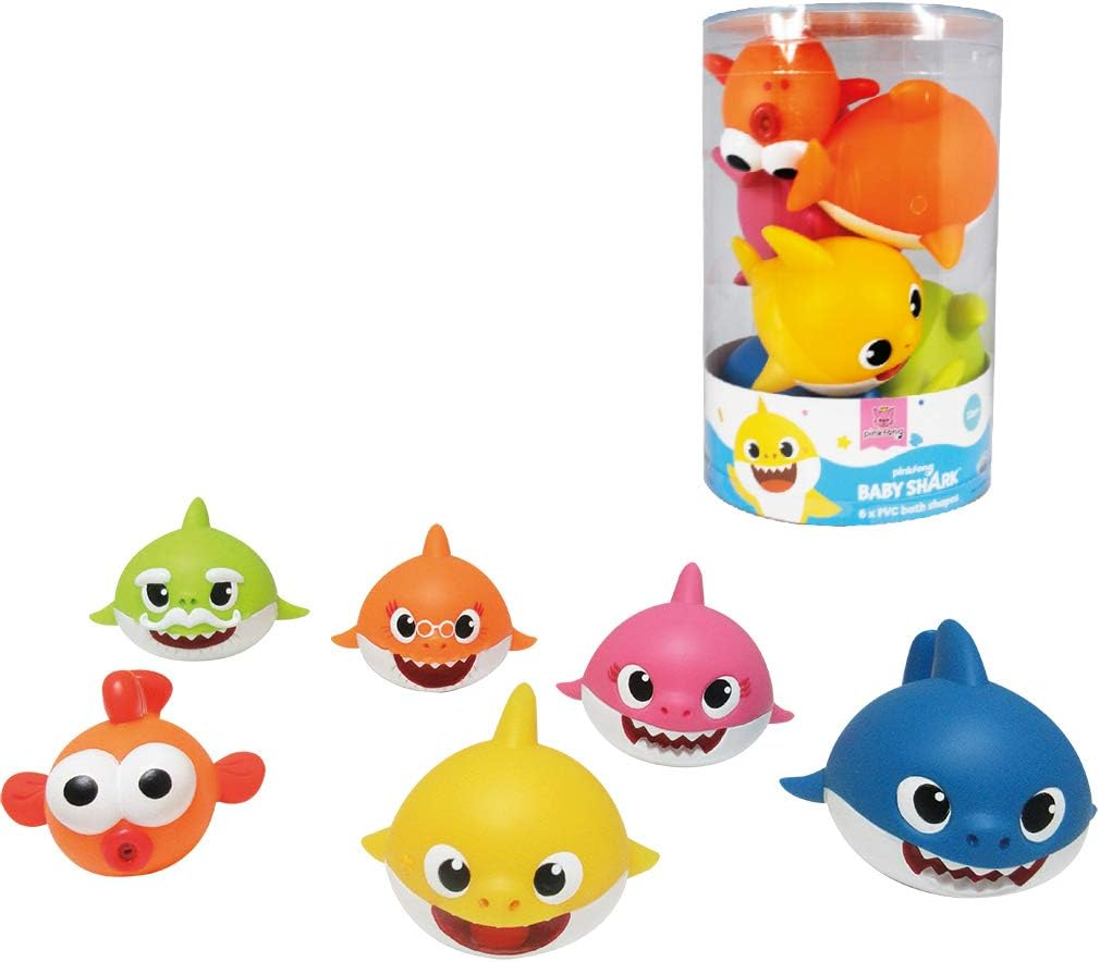 Baby Shark - Set Personaggi Squaletti in PVC Morbido per Bagnetto 6 pezzi in barattolo. Spruzzano l'acqua. Stampi ODS.