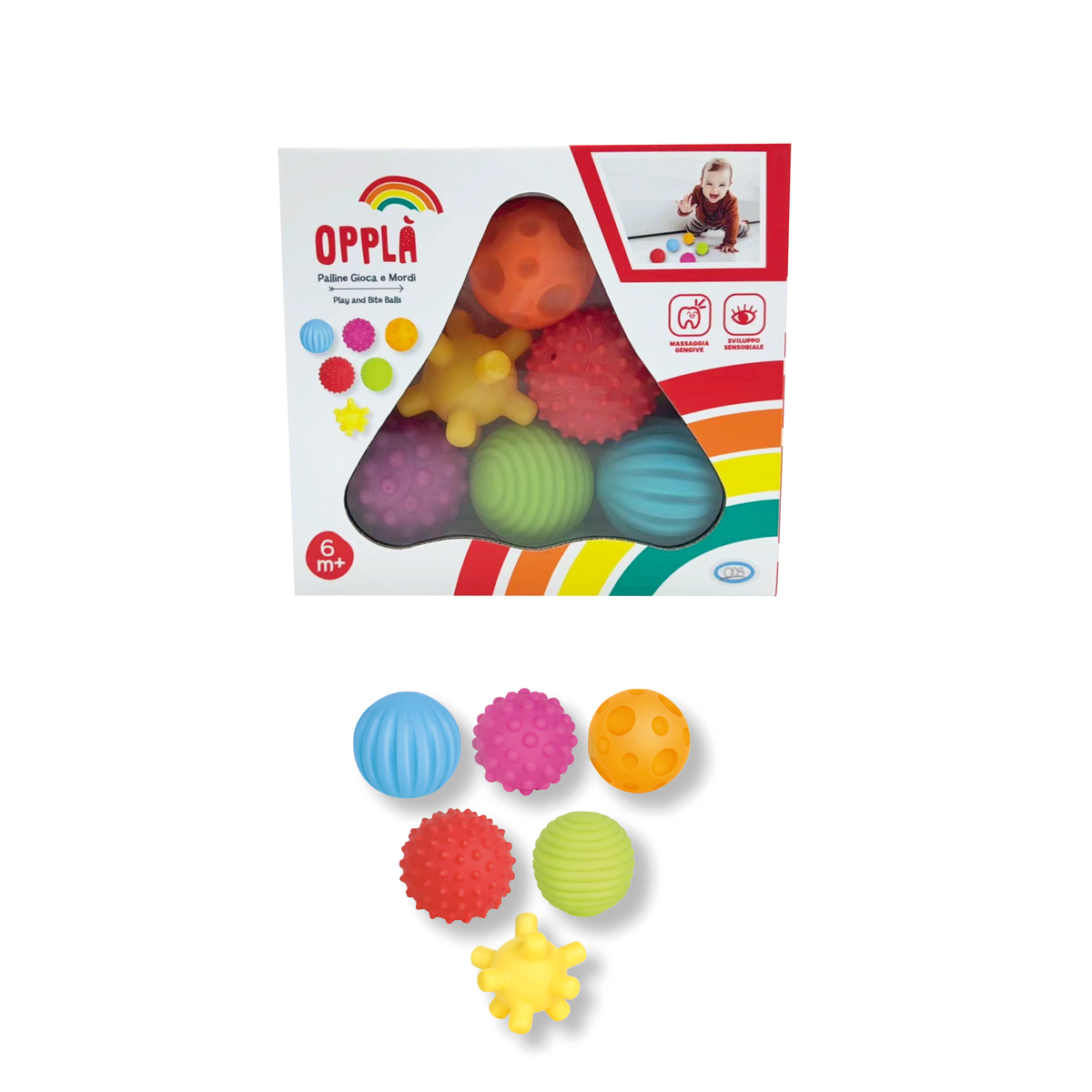 Opplà - 6 Palline Gioca & Mordi palline sensoriali in vinile diverse dimensioni 6 / 6.5 cm