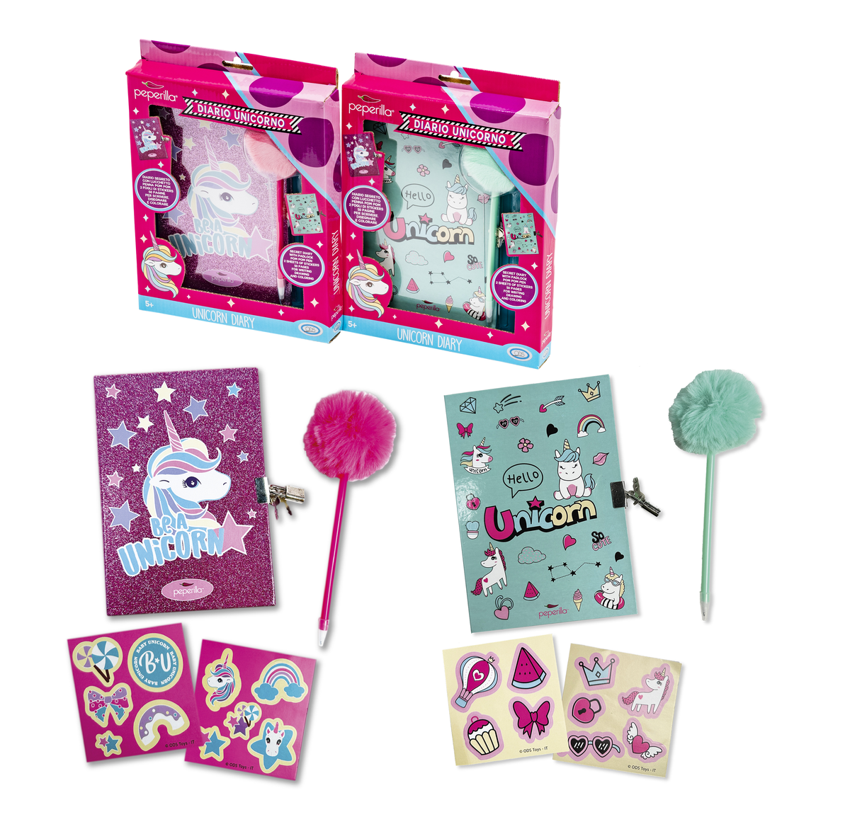 Peperilla - Diario Segreto Baby Unicorn Quaderno con 50 pagine e copertina rigida con lucchetto, penna pom pom 2 fogli di adesivi