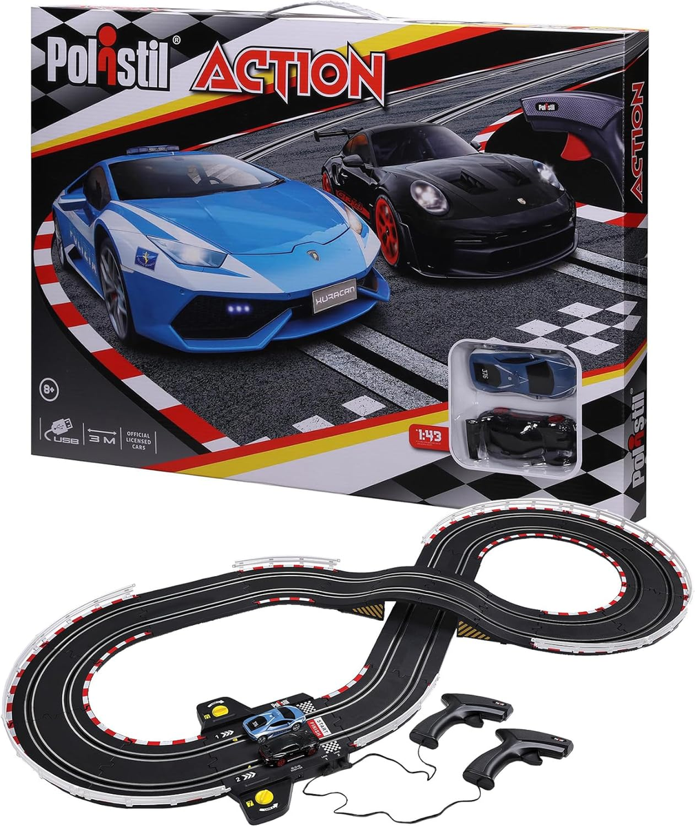 POLISTIL CHAMPION - Pista Elettrica con 2 Slot Car da Corsa in Scala POLIZIA 1:43