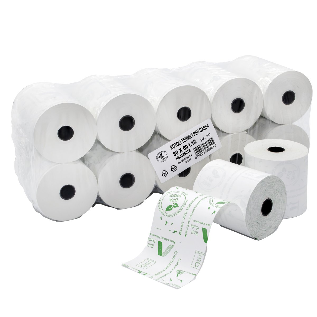 Rotoli termici registratore di cassa Rotolificio Pugliese BPA FREE 80 mm x 60 m 48 g/m² f. 12 mm conf. 10 pz -