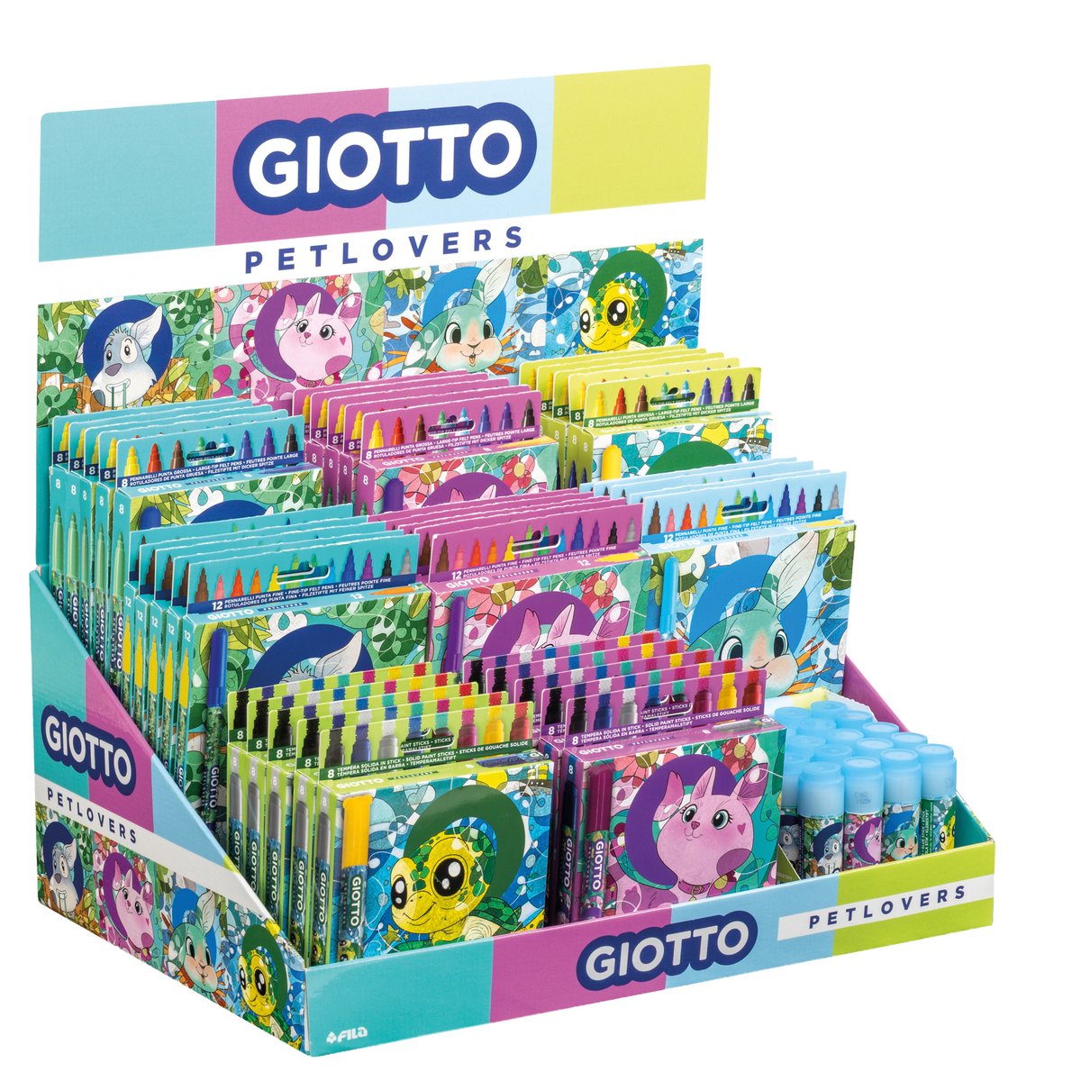 Espositore 60 pennarelli, tempere solide, colle stick Giotto Collezione PetLovers - F989400