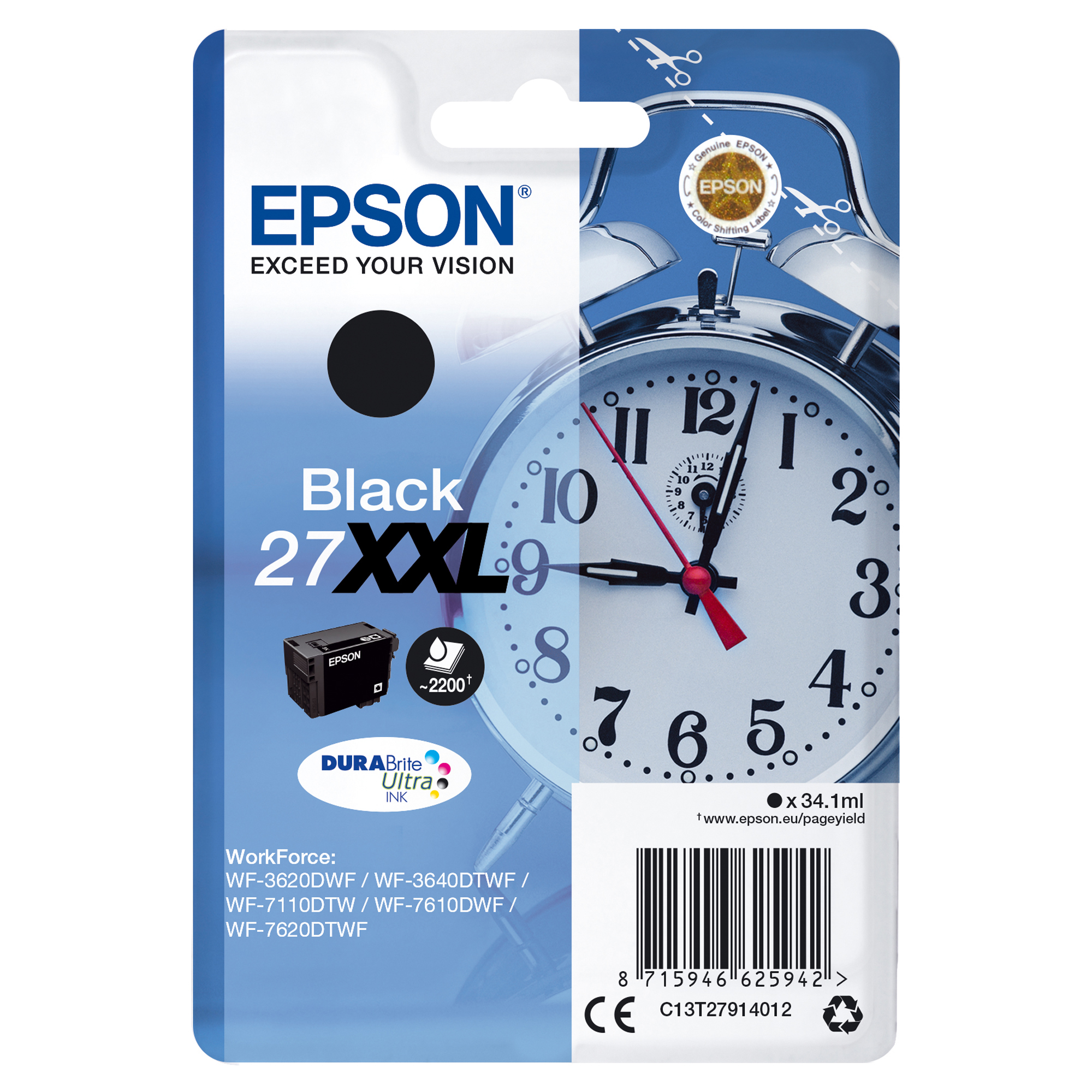 Epson 27XXL - 34.1 ml - XL - nero - originale - blister - cartuccia d'inchiostro - per WorkForce WF-3620DWF, WF-3640DTWF, WF-7110DTW, WF-7610DWF, WF-7620, WF-7620DTWF