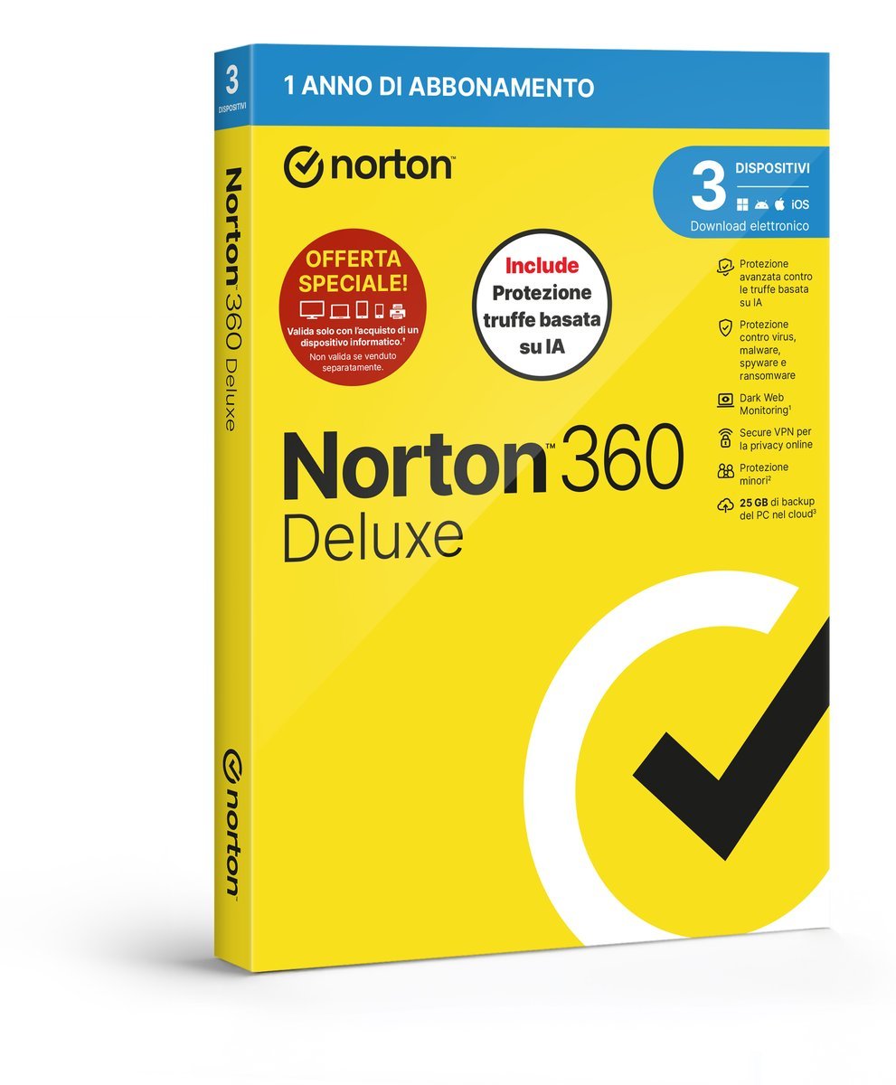 NORTON 360 DELUXE 2026 ATTACH ANTITRUFFA 3 DISPOSITIVI 25GB BACKUP 12 MESI BOX