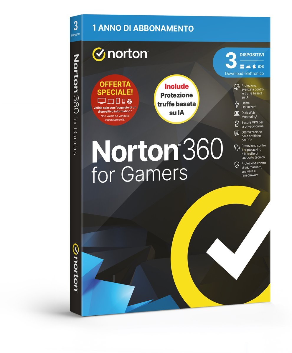 NORTON 360 FOR GAMERS 2026 ATTACH ANTITRUFFA 3 DISPOSITIVI 50GB BACKUP 12 MESI BOX