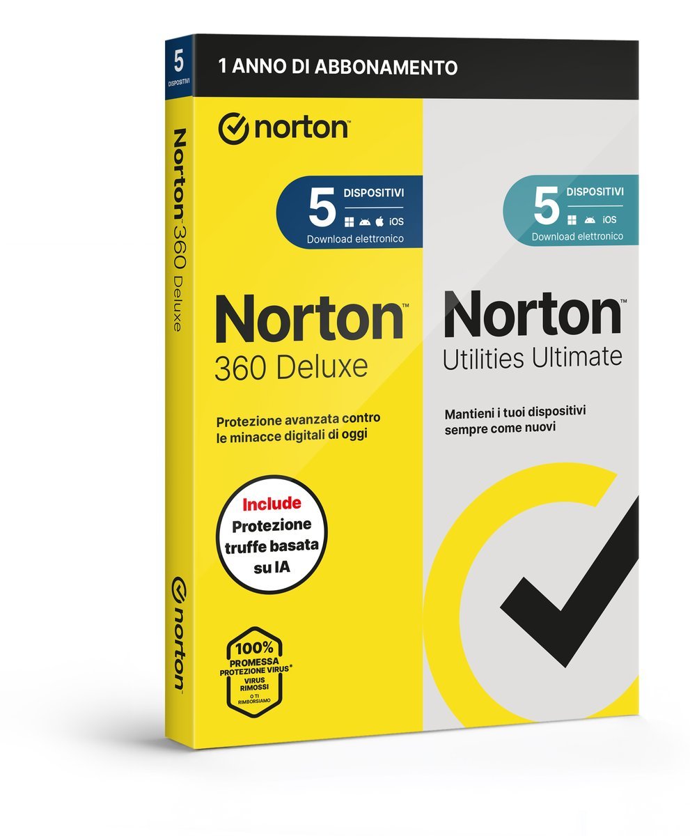 NORTON 360 DELUXE 2026 + ULTIMATE UTILITIES ANTITRUFFA 5 DISPOSITIVI 50GB BACKUP 12 MESI BOX