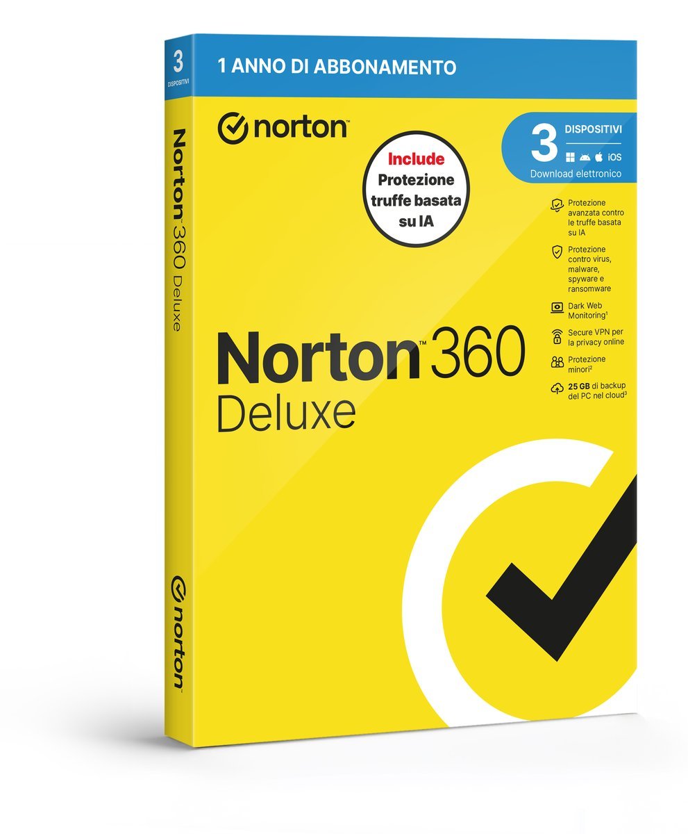 NORTON 360 DELUXE 2026 ANTITRUFFA 3 DISPOSITIVI 25GB BACKUP 12 MESI BOX
