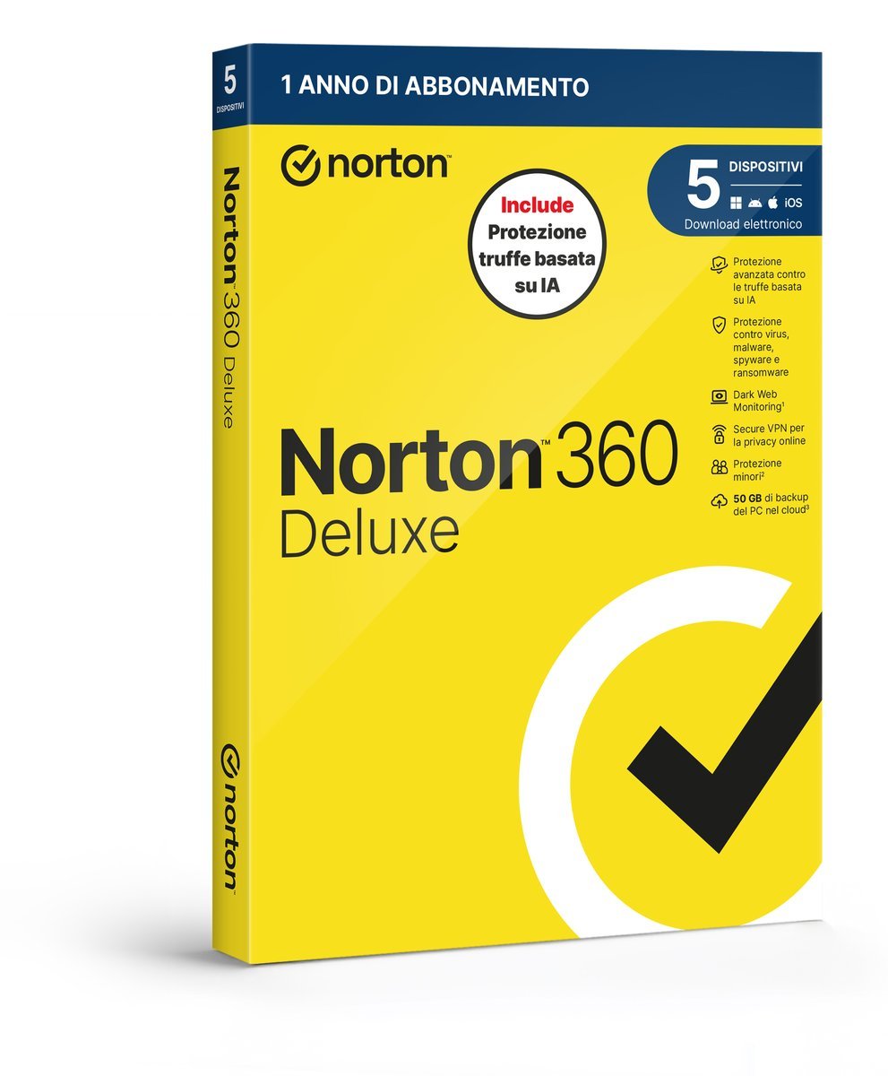 NORTON 360 DELUXE 2026 ANTITRUFFA 5 DISPOSITIVI 50GB BACKUP 12 MESI BOX
