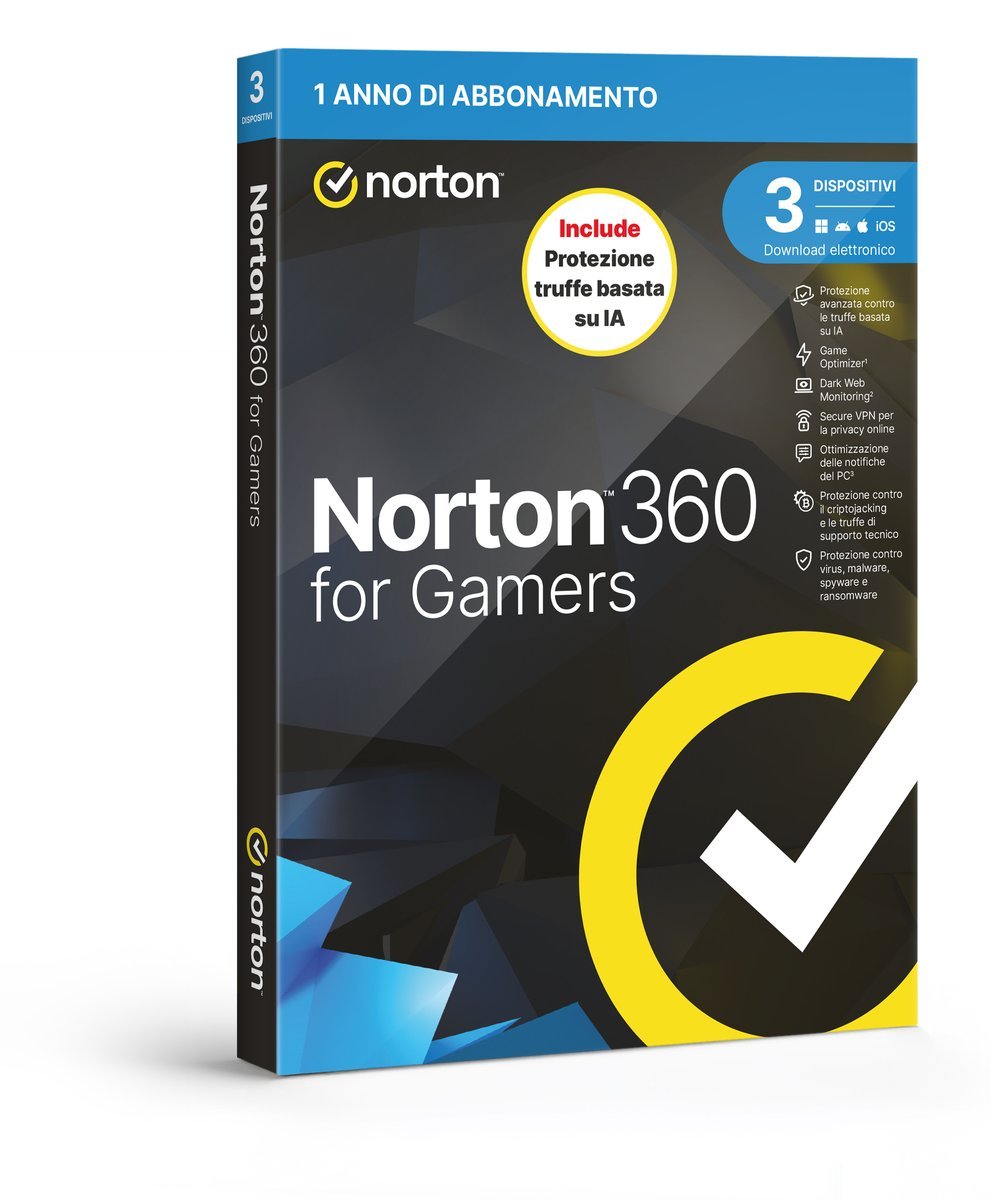 NORTON 360 FOR GAMERS 2026 ANTITRUFFA 3 DISPOSITIVI 50GB BACKUP 12 MESI BOX