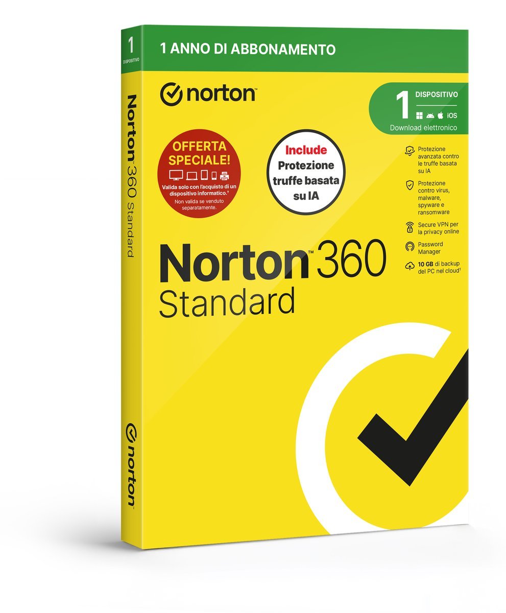 NORTON 360 STANDARD 2026 ANTITRUFFA- ATTACH 1 DISPOSITIVO 12 MESI 10GB BACKUP BOX