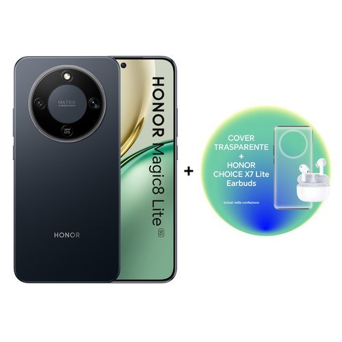 HONOR MAGIC 8 LITE 5G DUAL SIM 6.79" OCTA CORE 256GB RAM 8GB 5G ITALIA MIDNIGHT BLACK + CUFFIE BLUETOOTH HONOR CHOICE X7 LITE + COVER TRASPARENTE