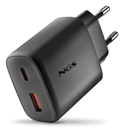 NGS ERA 45W BLACK: CARICATORE GaN DA PARETE UNIVERSALE DA 45W con 2 porte: USB-C + USB-A