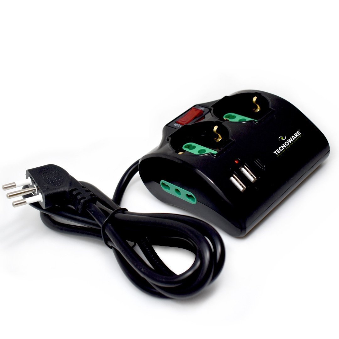 TECNOWARE FMP4IIGUSB MULTIPRESA 4 POSTI 10A 2 x SCHUKO/ITA-BIPASSO + 2 x ITA 10/16A + 2 x USB + 1 x USB-C PD QC3.0 CON INERRUTTORE NERO