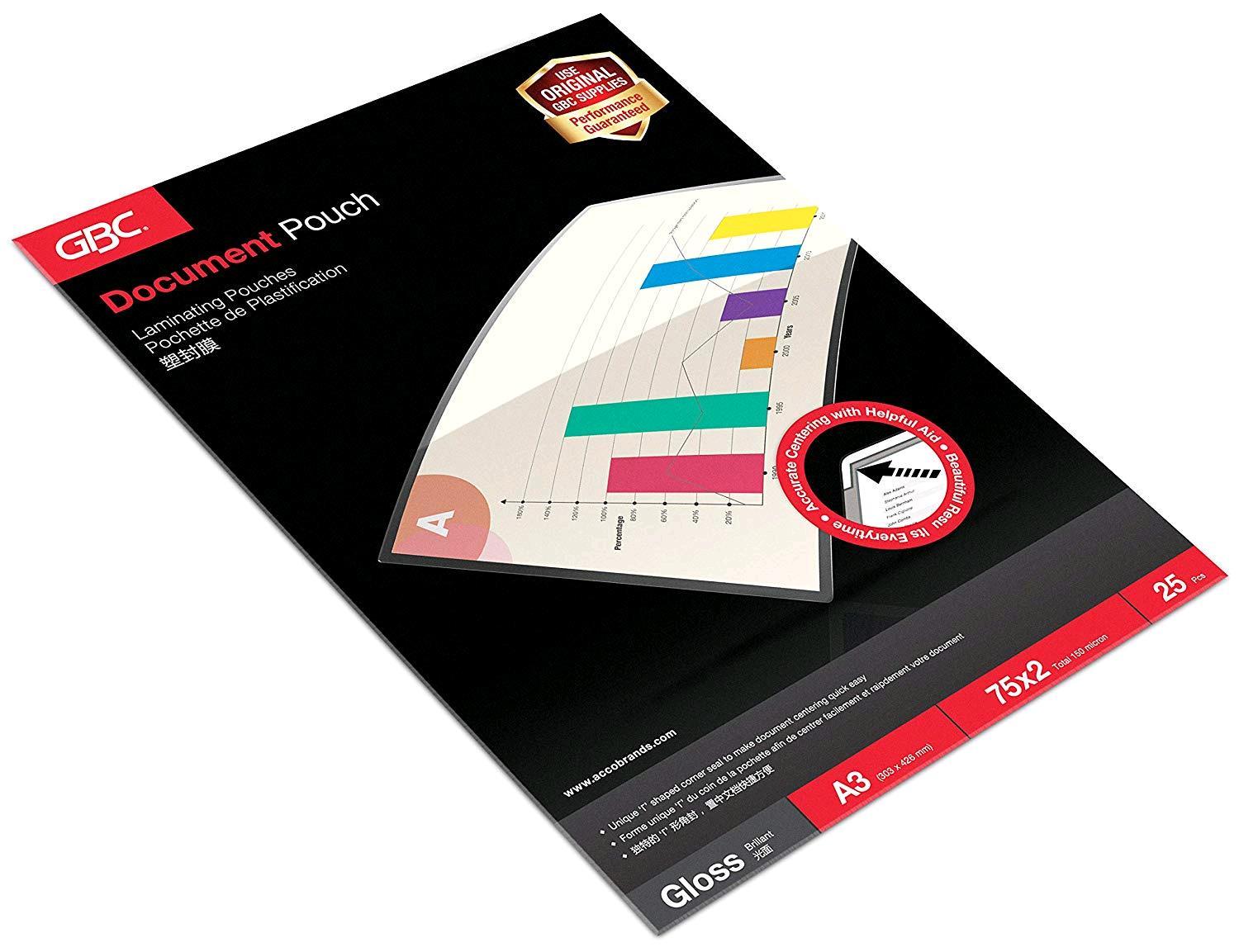 GBC Document Laminating Pouch - 75 micron - confezione da 25 - brillante - 303 x 426 mm rivestimento di plastificazione