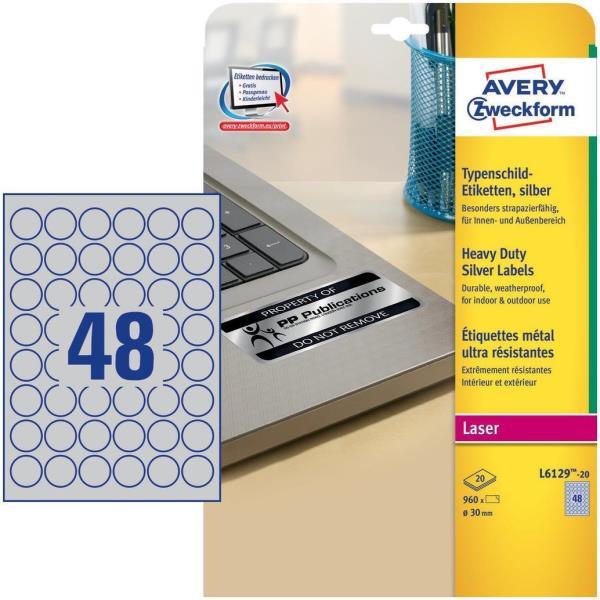 Etichette adesive tonde L6129 - in poliestere - laser - permanenti - diametro 30 mm - 48 et/fg - 20 fogli - argento - Avery