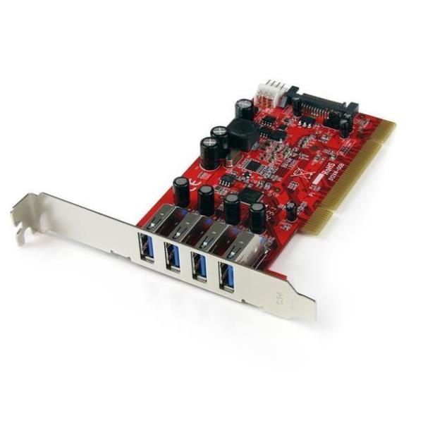 StarTech.com Scheda Pci con 4 porte USB 3.0 SuperSpeed con alimentazione SATA/SP4 - Adattatore USB - PCI-X profilo basso - USB 3.0 x 4 - rosso - per P/N: HBS304A24A, S3510BMU33, S3510SMU33, UNI251BMU33, USB221SS