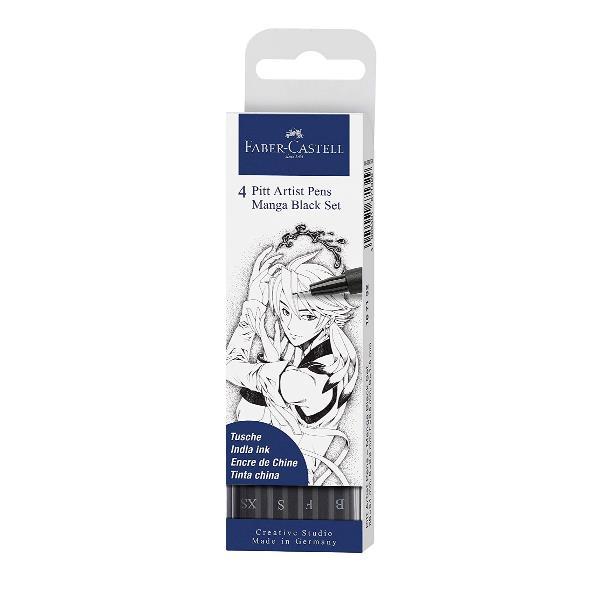 Faber-Castell PITT Artist Pen Manga - Set penna a pennello e fineliner - permanente - nero - nero indiano - 4 pezzi