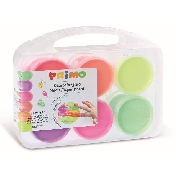 Valigetta 6 colori a dita 100gr c/pennello colori assortiti fluo Primo
