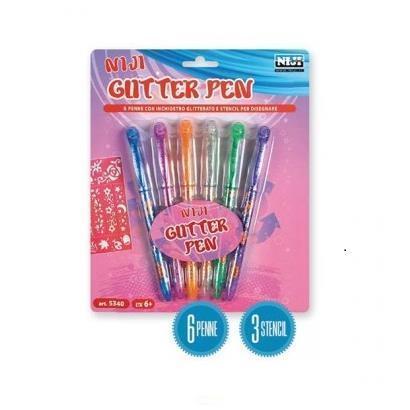 NIJI GLITTERATE PENNA PASTELLO INCHIOSTRO GEL COL. ASSORTITI GLITTERATI + 3 STENCIL CONF. 6 Pz.
