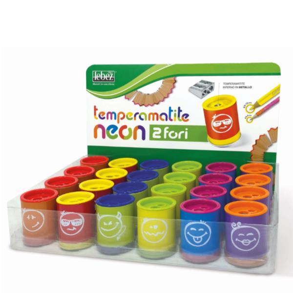 Lebez - Temperino con contenitore - 2 fori - neon assortiti - metallo (pacchetto di 24)