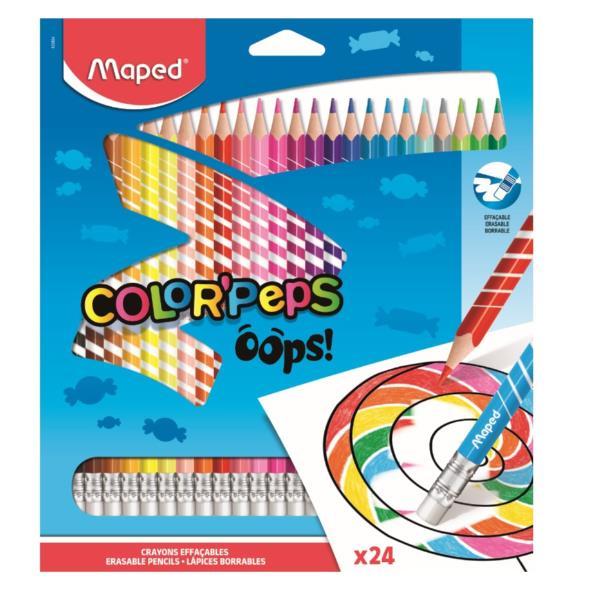 Maped Color'Peps Oops! - Pastello colorato - non permanente - colori assortiti - con gomma (pacchetto di 24)