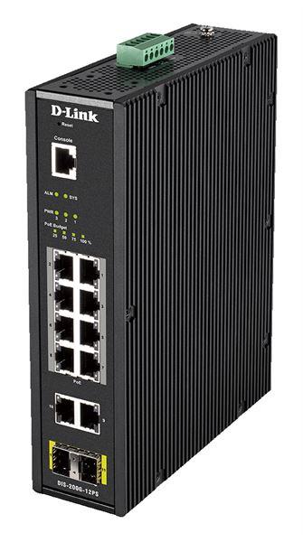 D-Link DIS 200G-12PS - Switch - gestito - 10 x 10/100/1000 (8 PoE+) + 2 x SFP - montabile su rail DIN, montaggio a parete - PoE+ (240 W) - 120/230 V CA / 46 - 54 V CC