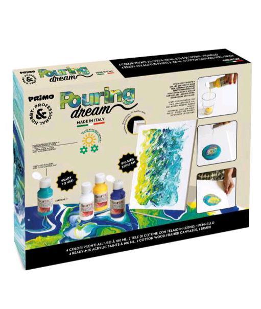 PRIMO POURING DREAM SET 4 COLORI ACRILICI PRONTI ALL'USO 2 TELE DI COTONE CON TELAIO PENELLO E ALTRO COLORI ASSORTITI