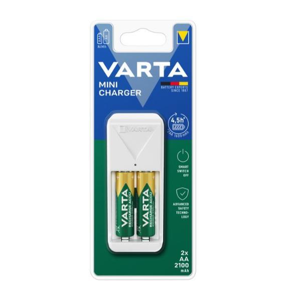 VARTA MINI CHARGER CARICABATTERIE PER BATTERIE RICARICABILI CON 2 BATTERIE STILO AA 2.100mAh INCLUSE NELLA CONFEZIONE