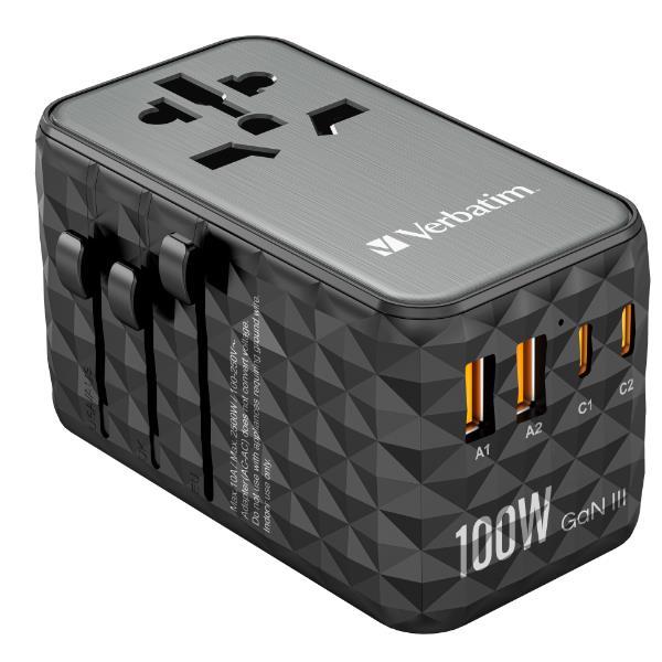 VERBATIM UNIVERSAL GaN III ADATTATORE UNIVERSALE DA VIAGGIO PER TUTTE LE SPINE DEL MONDO 100 W 2 x USB-C 2 x USB-A NERO