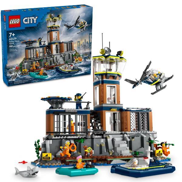 LEGO CITY PRIGIONE SULL' ISOLA DELLA POLIZIA CON ELICOTTERO BARCA GOMMONE E 7 MINIFIGURE