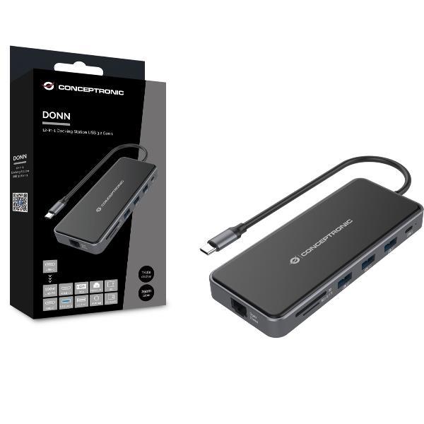 CONCEPTRONIC DONN015G DOCKING STATION 12-IN-1 DA USB-C 3.2 A 2xUSB-A 3.2 2xUSB-C 3.2 100W 1xUSB-A 2.0 2xHDMI 1xVGA 1xLAN RJ-45 1000MBIT/S 1xAUX/OUT LETTORE MICRO SD/SD NERO