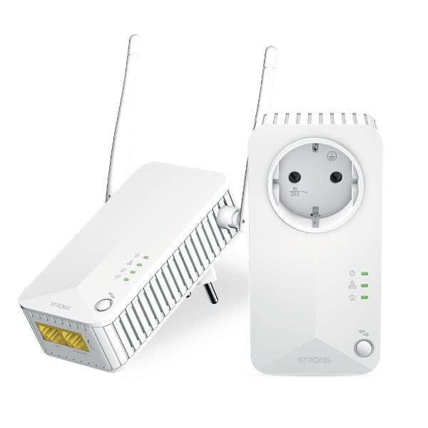 STRONG POWERLINE WIFI 600 KIT UN ADATTATORE POWERLINE 600 + UN ADATTATORE PORERLINE WIFI 600 WLAN + LAN 300/600 MBPS PLUG & PLAY BIANCO