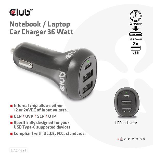 CLUB3D CAC-1921 NOTEBOOK CAR CHARGER CARICABATTERIE DA AUTO …