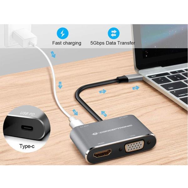 Conceptronic DONN16G, Cablato, USB 3.2 Gen 1 (3.1 Gen 1) Type-C, 100 W, Nero, Argento, 4K Ultra HD, 4096 x 2160 Pixel