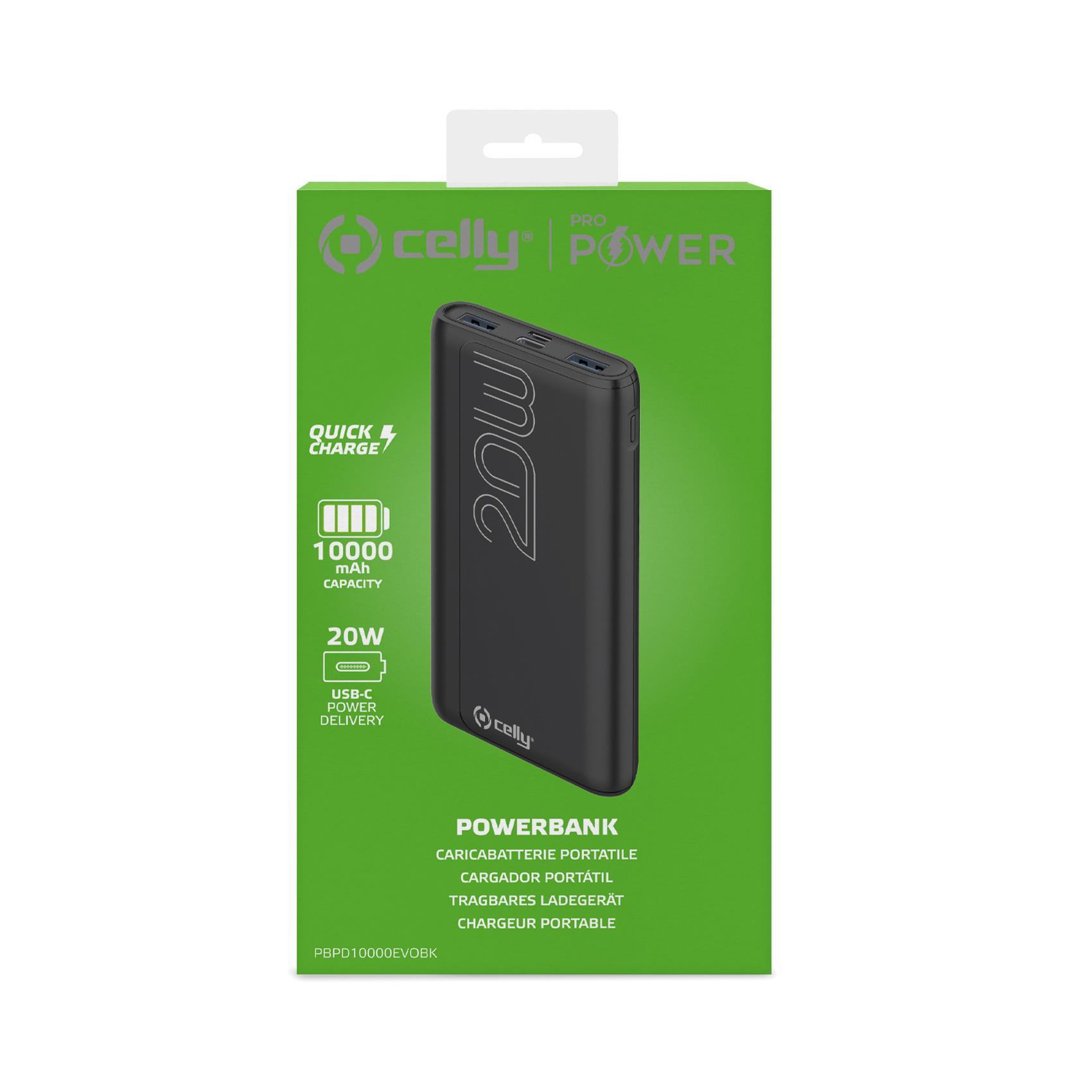 Celly ProPower PBPD10000EVO - Powerbank - 10000 mAh - 37 Wh - 20 Watt - 3 A - PD - 3 connettori di uscita (2 x USB, 24 pin USB-C) - nero