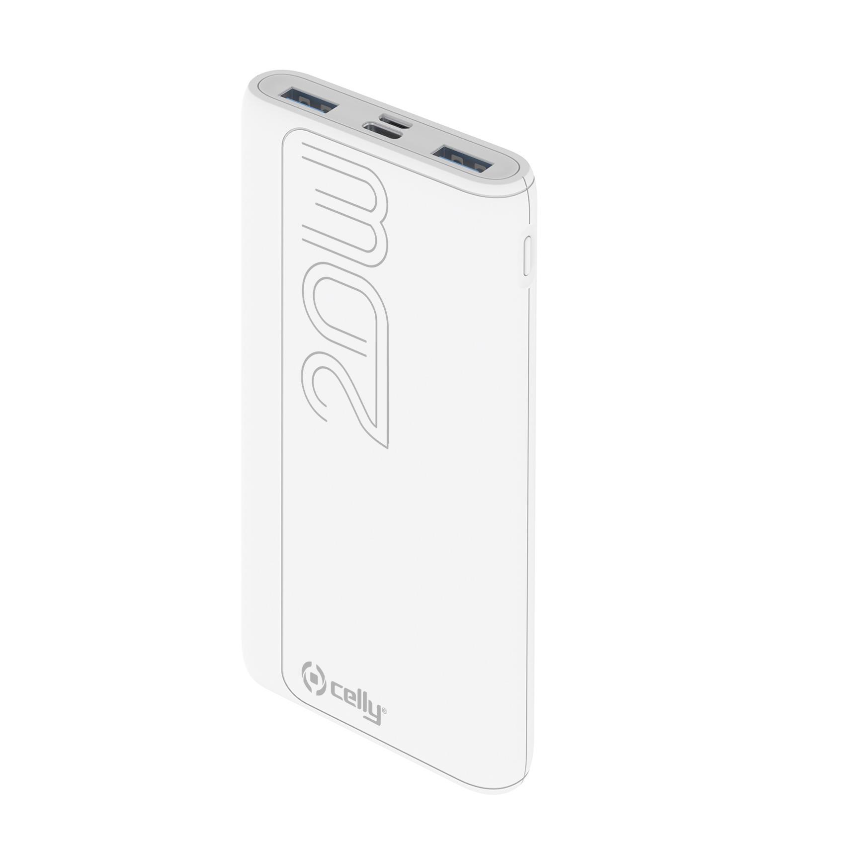 Celly ProPower - Powerbank - 10000 mAh - 37 Wh - 20 Watt - 3 A - PD - 4 connettori di uscita (Micro-USB Tipo B, 2 x USB, 24 pin USB-C) - bianco