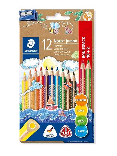 STAEDTLER NORIS JUMBO PASTELLI FUSTO TRIANGOLARE CON TEMPERINO COLORI ASSORTITI CONF 12 Pz.