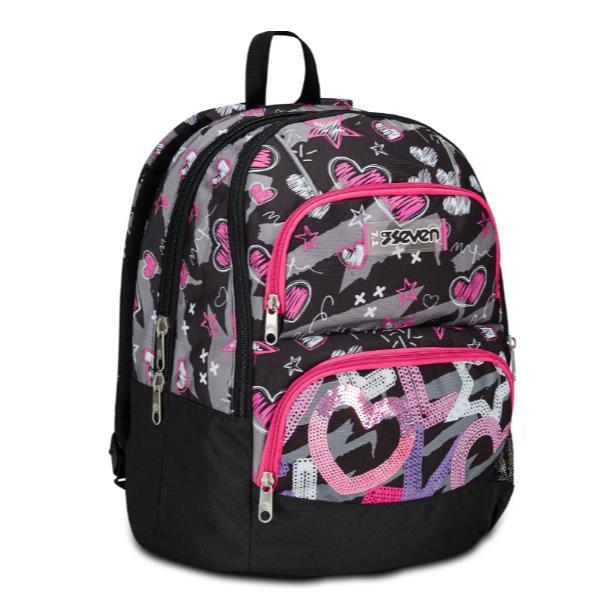 SEVEN ADVANCED DETACH POCKET ZAINO IN POLIESTERE 2 SCOMPARTI TASCA PORTA PC E TASCA BORRACCIA NERO FUCSIA DRAFT HEART