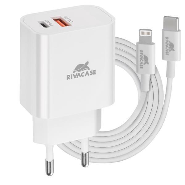Rivacase Wall charger white PD 20W + QC3.0, USB-A + USB-C, with USB-CLightning cable