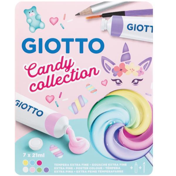 GIOTTO CANDY TEMPERA IN TUBI DA 21 ML CON MINI PENNELLO E MINI MATITA COLORI ASORTITI CONF 6 Pz.