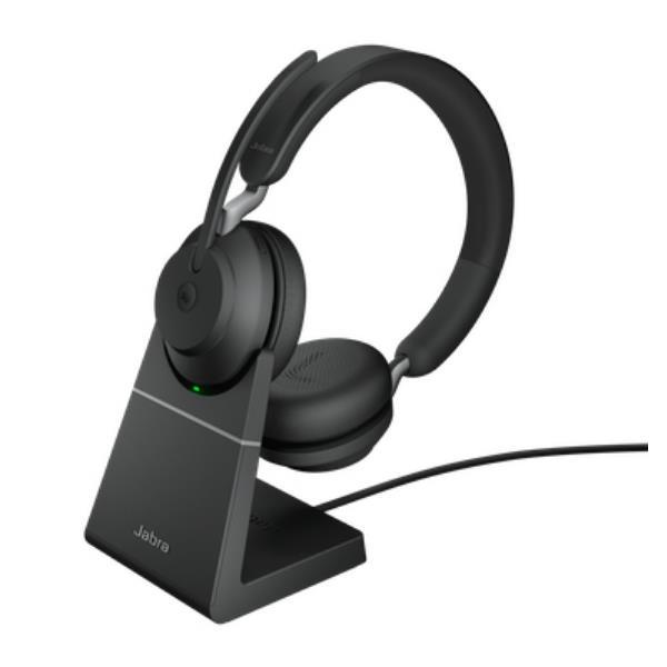 Jabra Evolve2 65 MS Stereo - Cuffie con microfono - on-ear - Bluetooth - senza fili - USB-A - isolamento dal rumore - nero - con supporto di ricarica - Certificato per i team Microsoft
