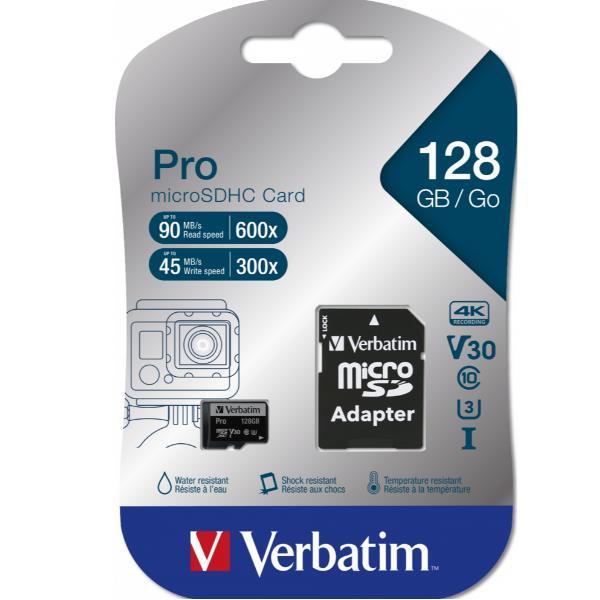Verbatim PRO - Scheda di memoria flash (adattatore da microSDXC a SD in dotazione) - 128 GB - Video Class V30 / UHS-I U3 / Class10 - 300x/600x - UHS-I microSDXC