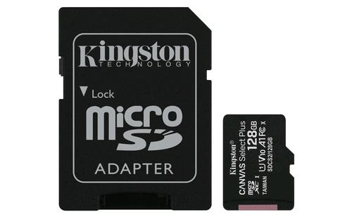 Kingston Canvas Select Plus - Scheda di memoria flash (adattatore da microSDXC a SD in dotazione) - 128 GB - A1 / Video Class V10 / UHS Class 1 / Class10 - UHS-I microSDXC