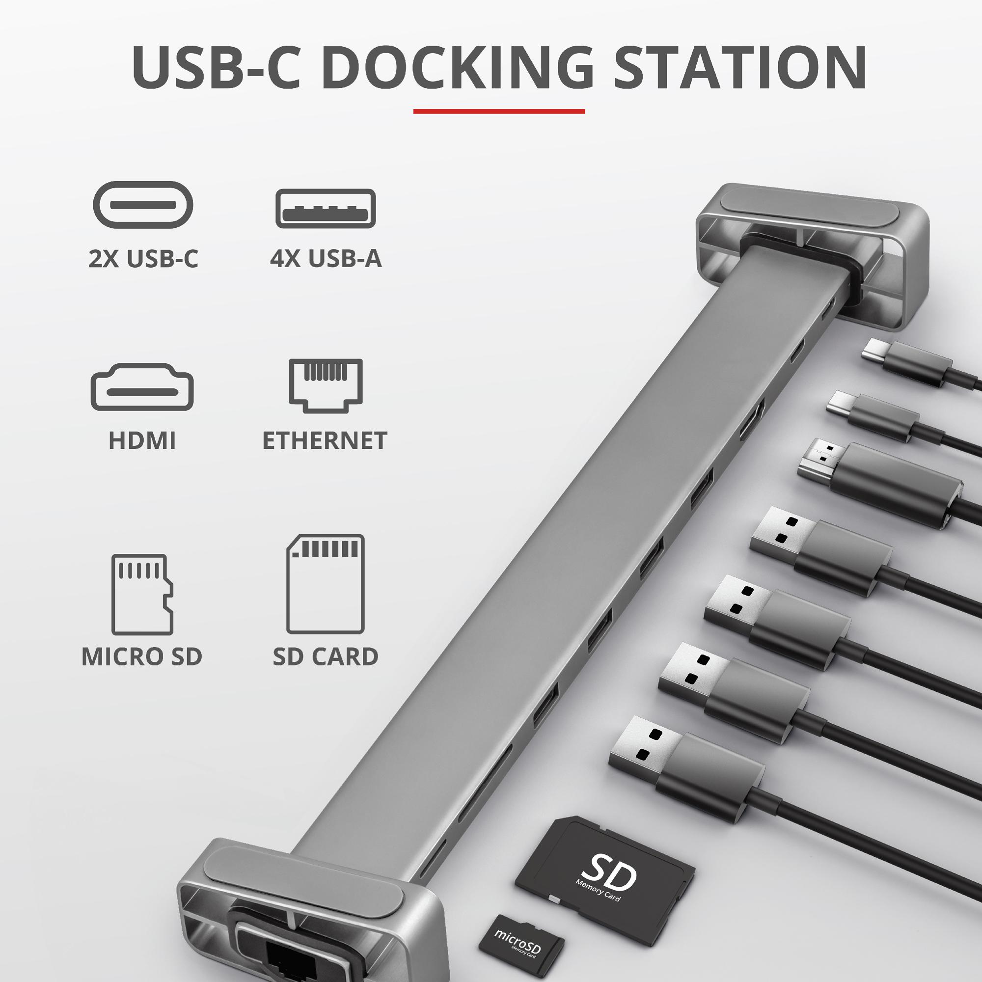 TRUST DALYX DOCK HUB MULTIPORTA 10-IN-1 USB-C CABLATO CON PORTA HDMI LETTORE DI SCHEDE USB-C PD USB-A PORTA DI RETE GRIGIO